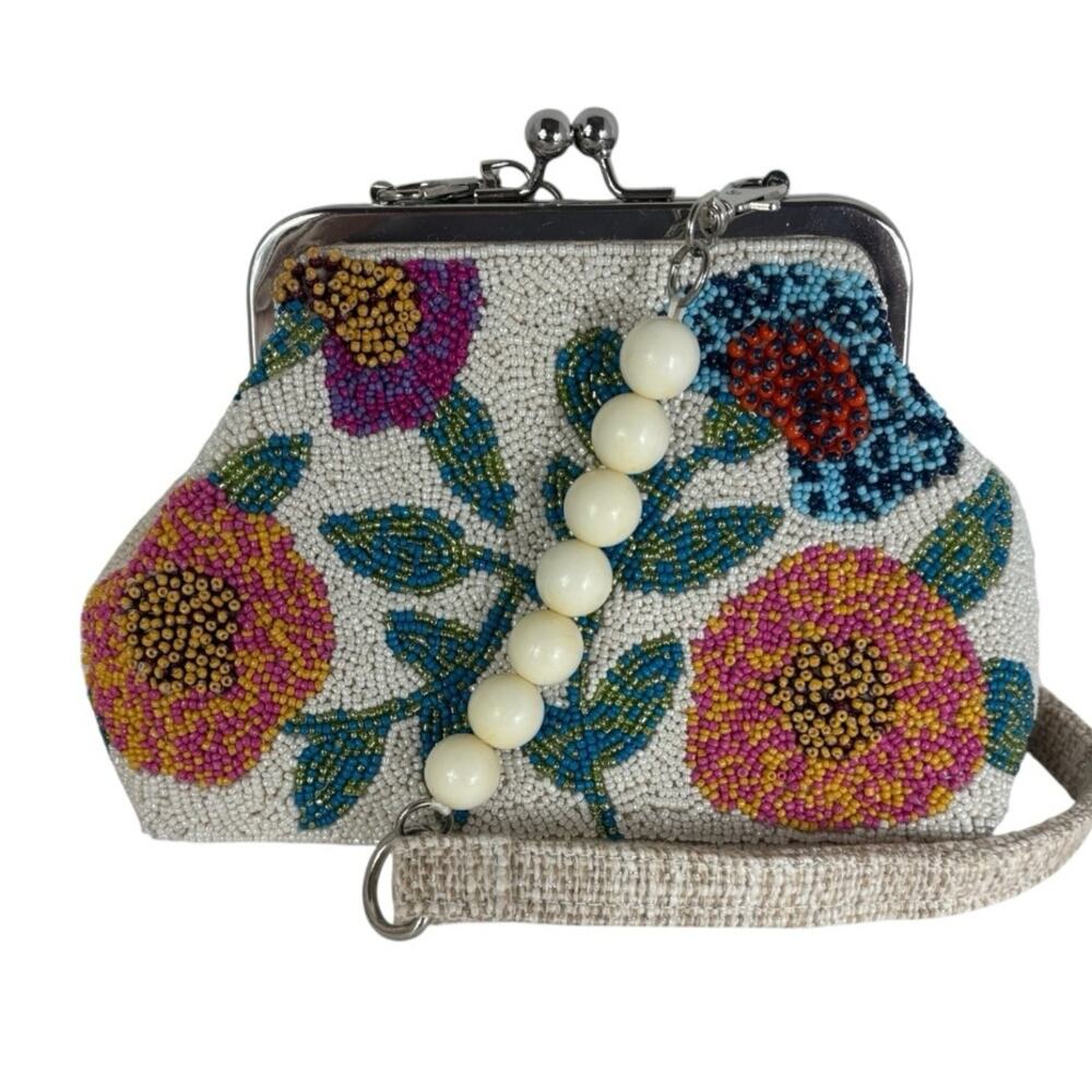 America & Beyond's Beaded Frame Clutch-White Floral